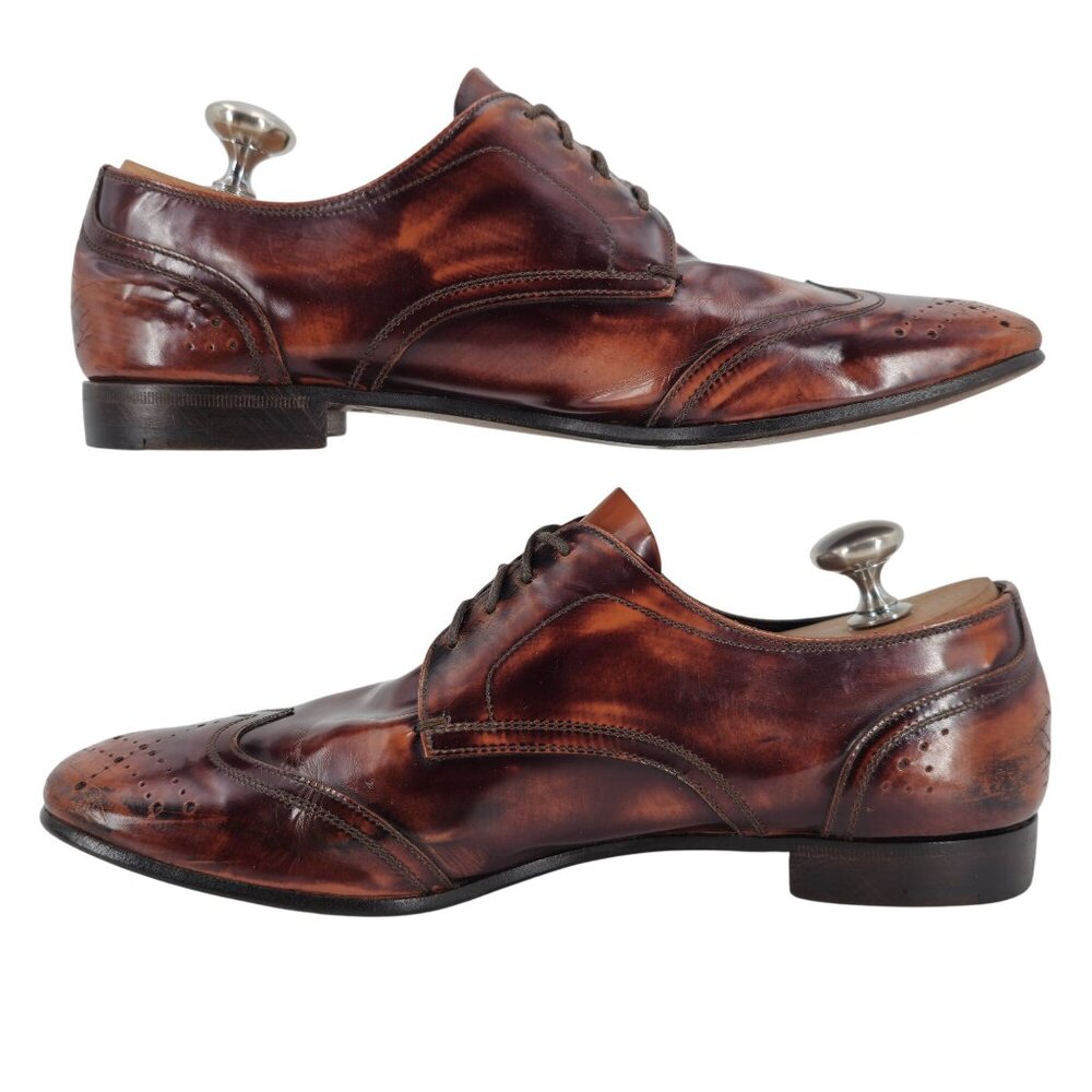 Prada Italy Mens 7.5 Distressed Brown Leather Wingtip Derby Oxfords Dress Shoes - Picture 7 of 13